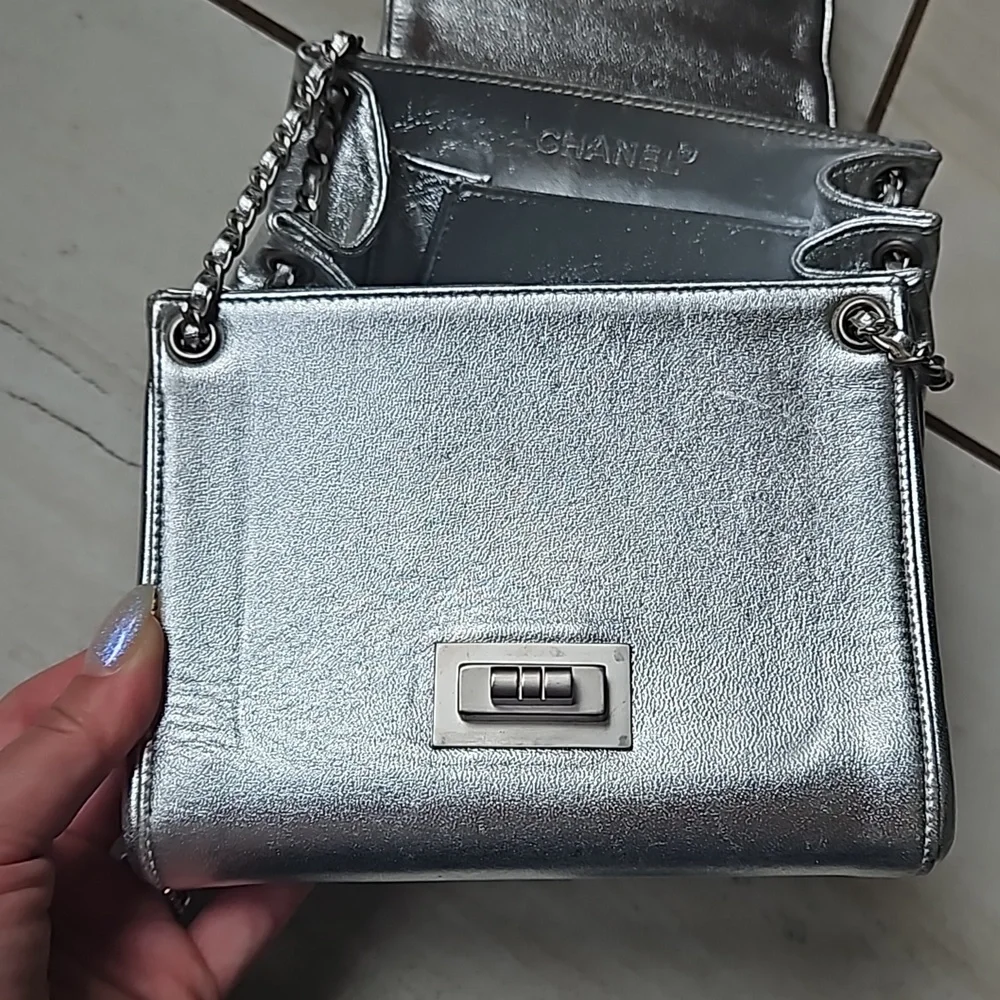 CHANEL Metallic Silver Mini Bag Chain Strap Turnlock w/Card - Picture 10 of 14